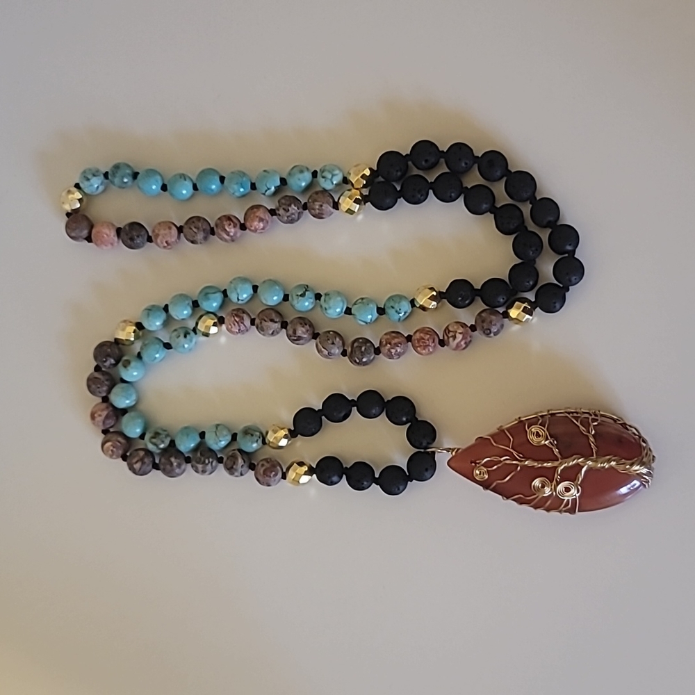 Carnelian, Turquoise Howlite, Lava Stone, Pink Zeba Stone Tree Of Life